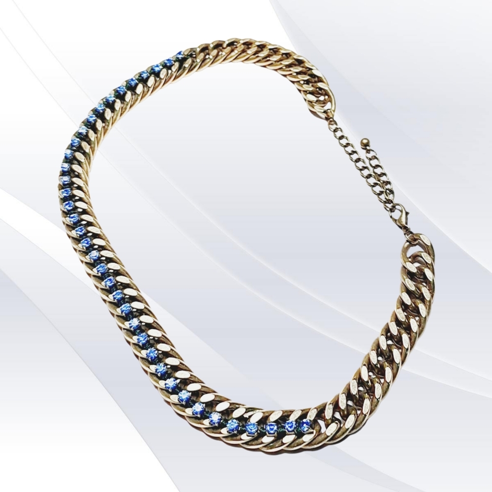 Solid Brass Chain Link Statement Choker With Blue… - image 3